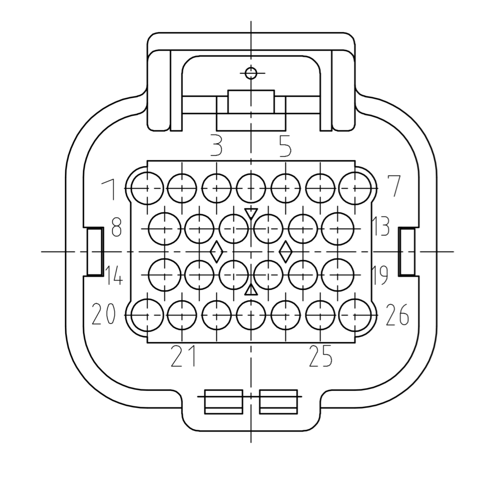 26-position mating connector for module connectors A, B, D and E, with pin numbering