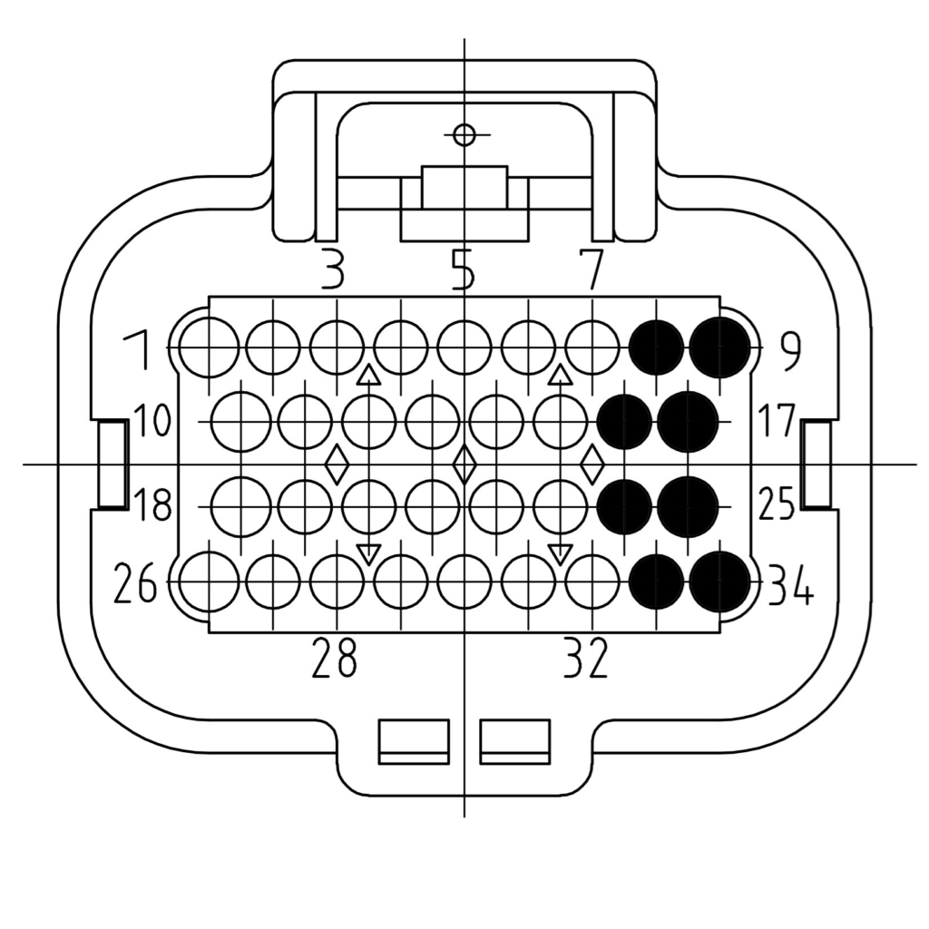 34-position connector with numbered positions, with the eight positions marked that are not available to the module slots