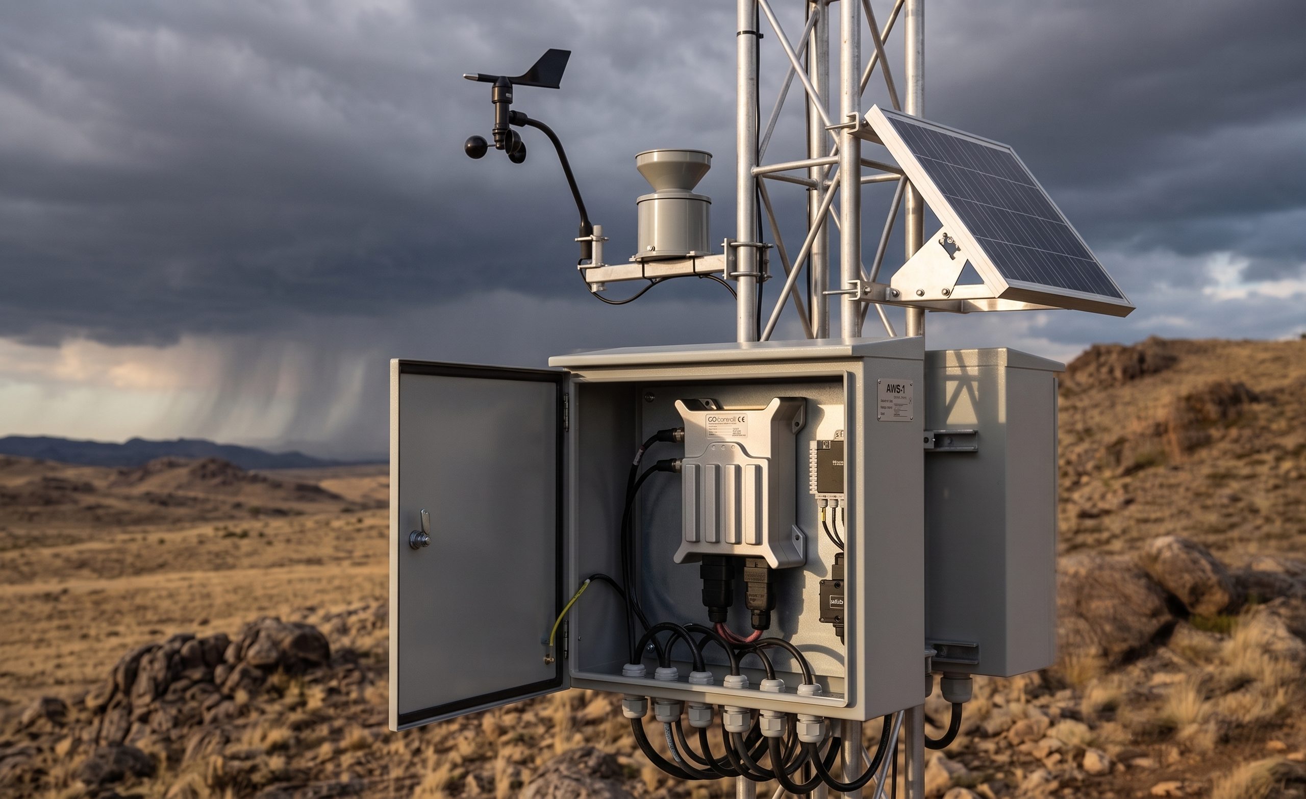Measurement mast with wind vane and solar panel above an open cabinet with a GOcontroll Moduline controller