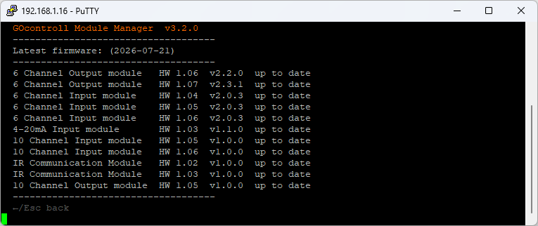 go-modules check result listing the latest firmware per module and hardware version from the GOcontroll cloud, each line ending in up to date, with the manifest date in the header