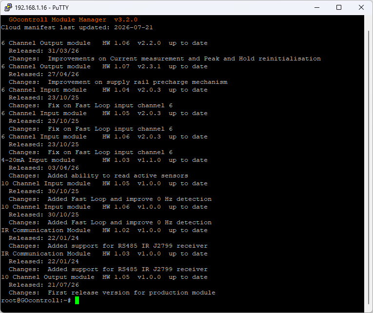 go-modules check output with the verbose option, showing for each module the latest firmware version plus its release date and changelog entry