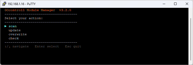 go-modules 3.2.0 main menu in a terminal, listing the actions scan, update, overwrite and check, with scan highlighted and the hint navigate, Enter select, Esc quit