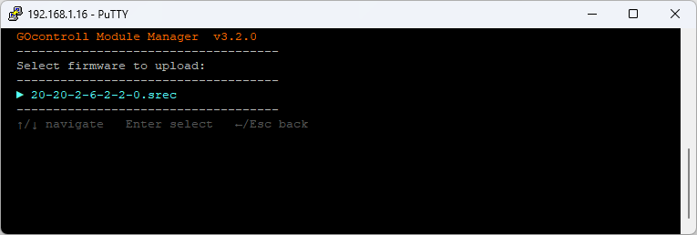 go-modules overwrite screen asking which firmware file to upload, offering the matching file for the selected module; only firmware whose hardware identifier matches the module is listed