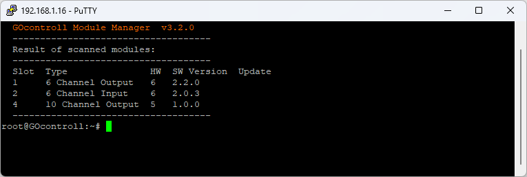 go-modules scan run as a single command, printing the module table and exiting immediately without the interactive back hint