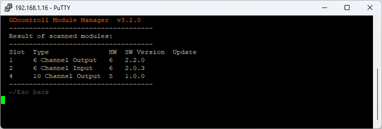 go-modules scan result table listing slot 1 with a 6 Channel Output module on software 2.2.0, slot 2 with a 6 Channel Input module on 2.0.3 and slot 4 with a 10 Channel Output module on 1.0.0; the Update column is empty because every module runs the latest firmware