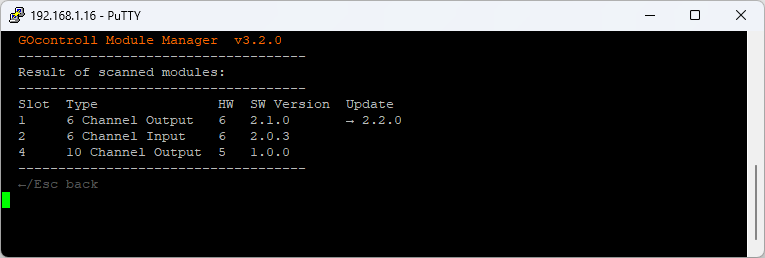 go-modules scan result table where slot 1 runs software 2.1.0 and the Update column shows an arrow to 2.2.0, indicating newer firmware is available locally for that module