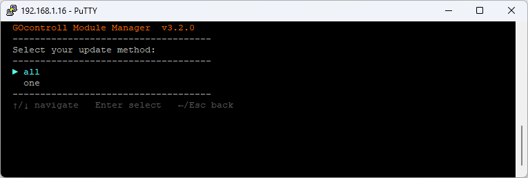 go-modules update submenu offering the choices all and one, with the hint that left arrow or Esc goes back