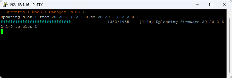 go-modules uploading firmware to slot 1, showing the line updating slot 1 from 20-20-2-6-2-1-0 to 20-20-2-6-2-2-0 and a progress bar with a counter and the message Uploading firmware to slot 1