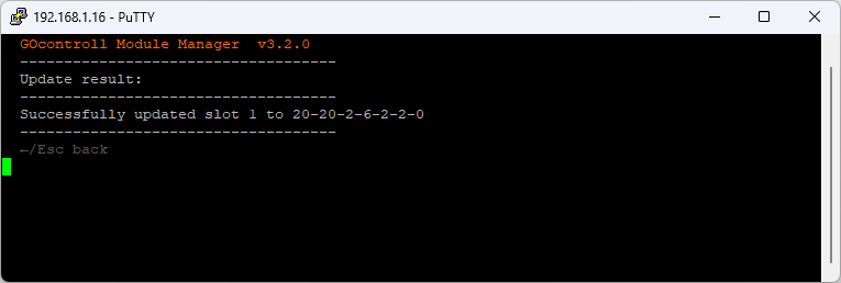 go-modules update result screen with the message Successfully updated slot 1 to 20-20-2-6-2-2-0