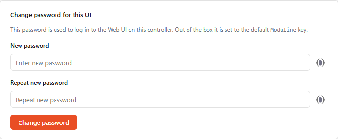 Change password card in the Web UI with two password fields and a Change password button