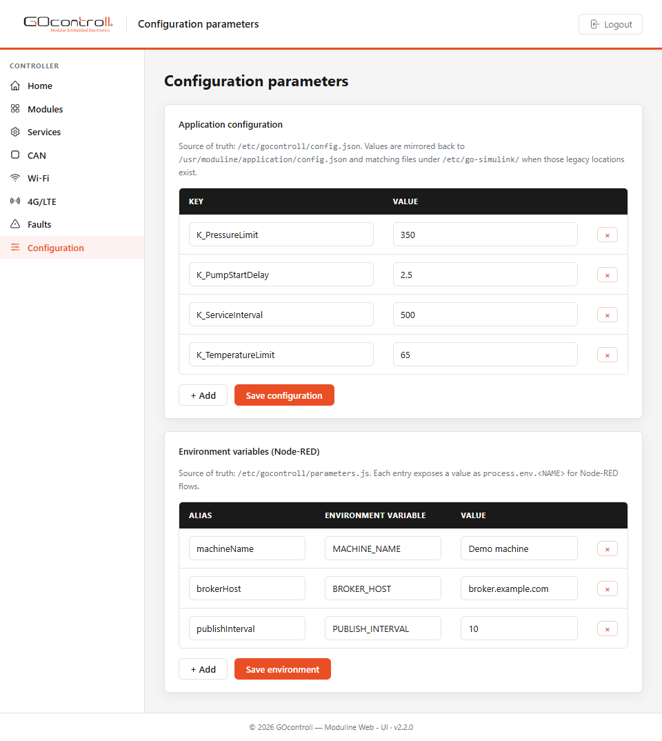 Web UI Configuration parameters screen with the application configuration table and the Node-RED environment variable table