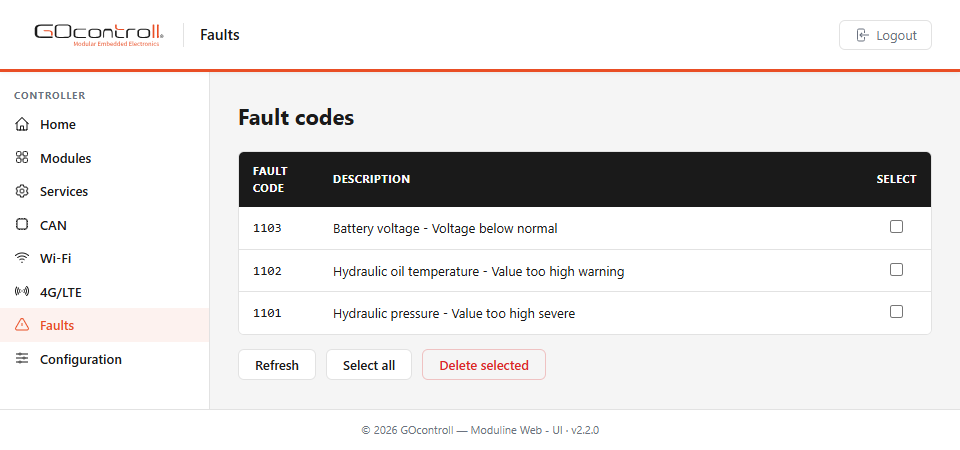 Web UI Faults screen with readable descriptions after adding the SPN descriptions to the descriptor file