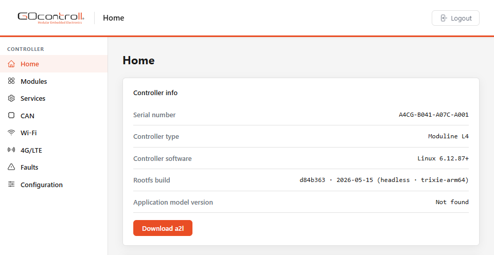 Web UI Home screen showing the controller info card and the sidebar navigation