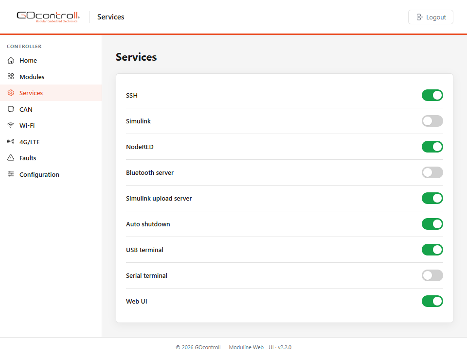 Web UI Services screen with toggles for SSH, Simulink, NodeRED, Bluetooth, upload server, auto shutdown, USB terminal, serial terminal and the Web UI itself