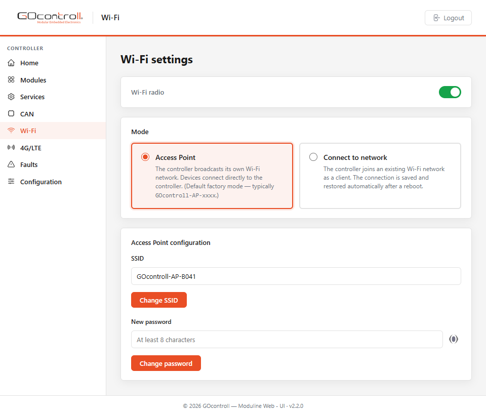 Web UI Wi-Fi settings screen in Access Point mode, with the mode selector and the SSID and password fields