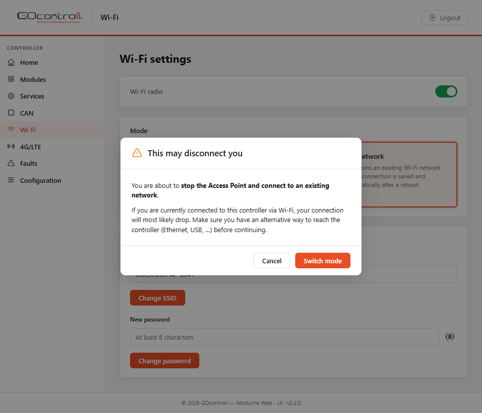 Confirmation dialog warning that switching the controller from access point to client mode may drop the connection