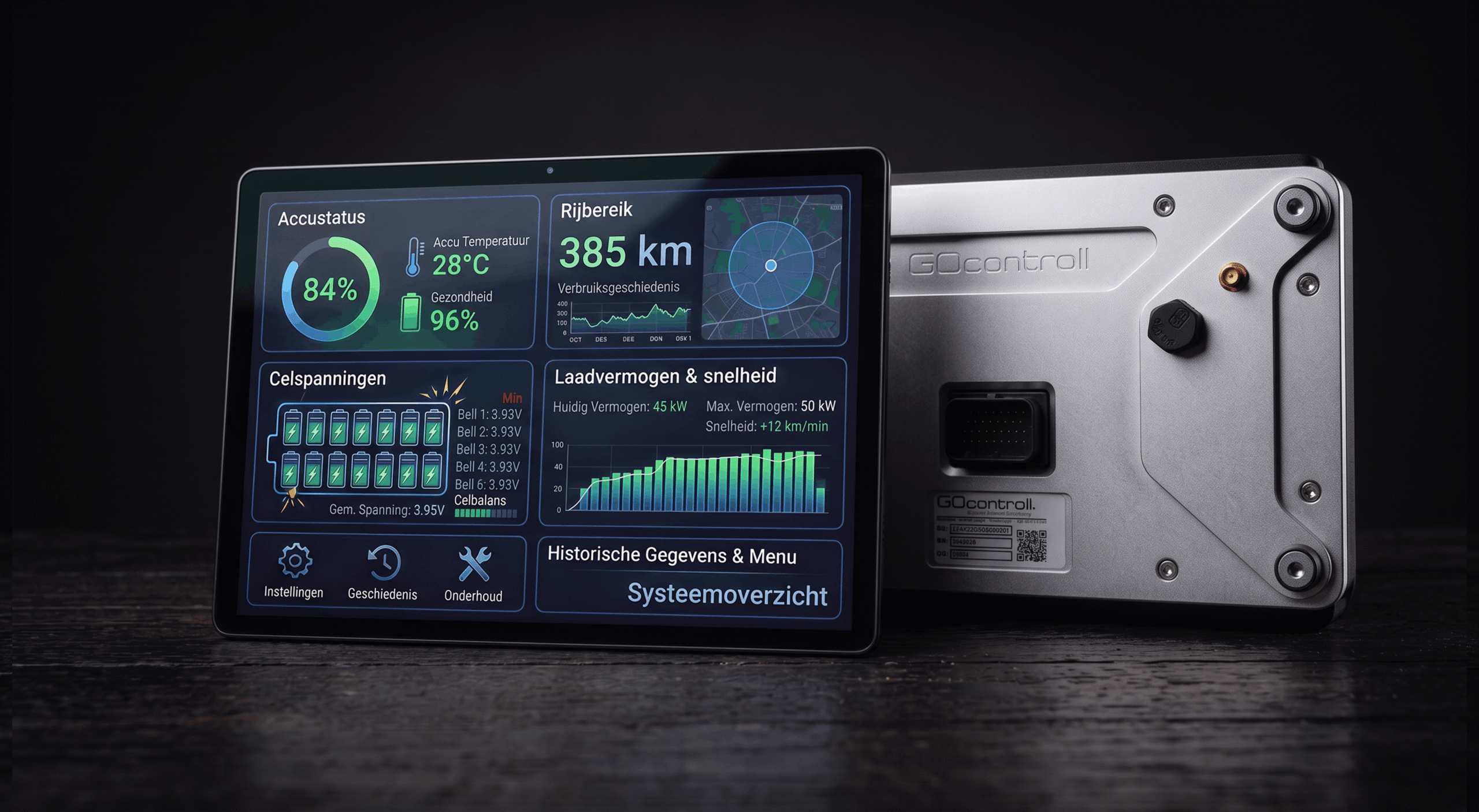 GOcontroll Moduline HMI1 display showing a battery dashboard, next to the rear of its aluminium housing