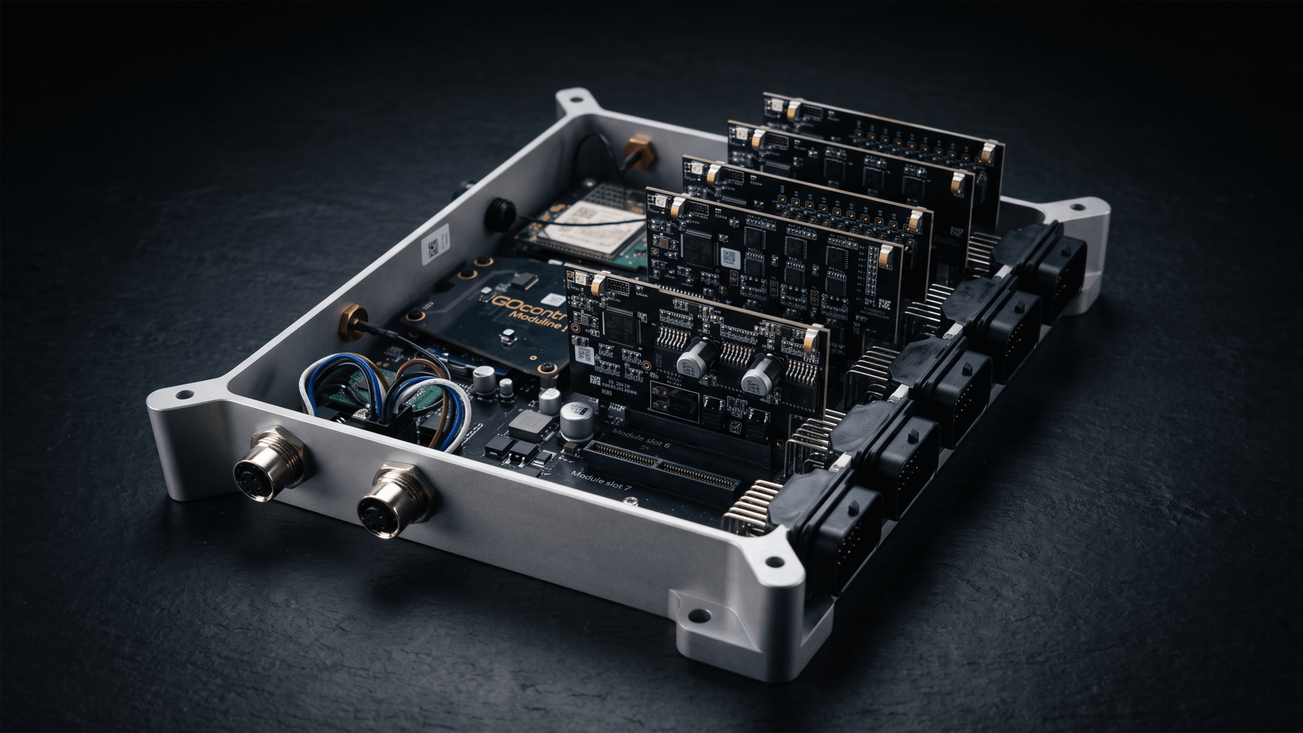 GOcontroll Moduline L4 controller, opened, with a full set of plug-in I/O modules and connectors