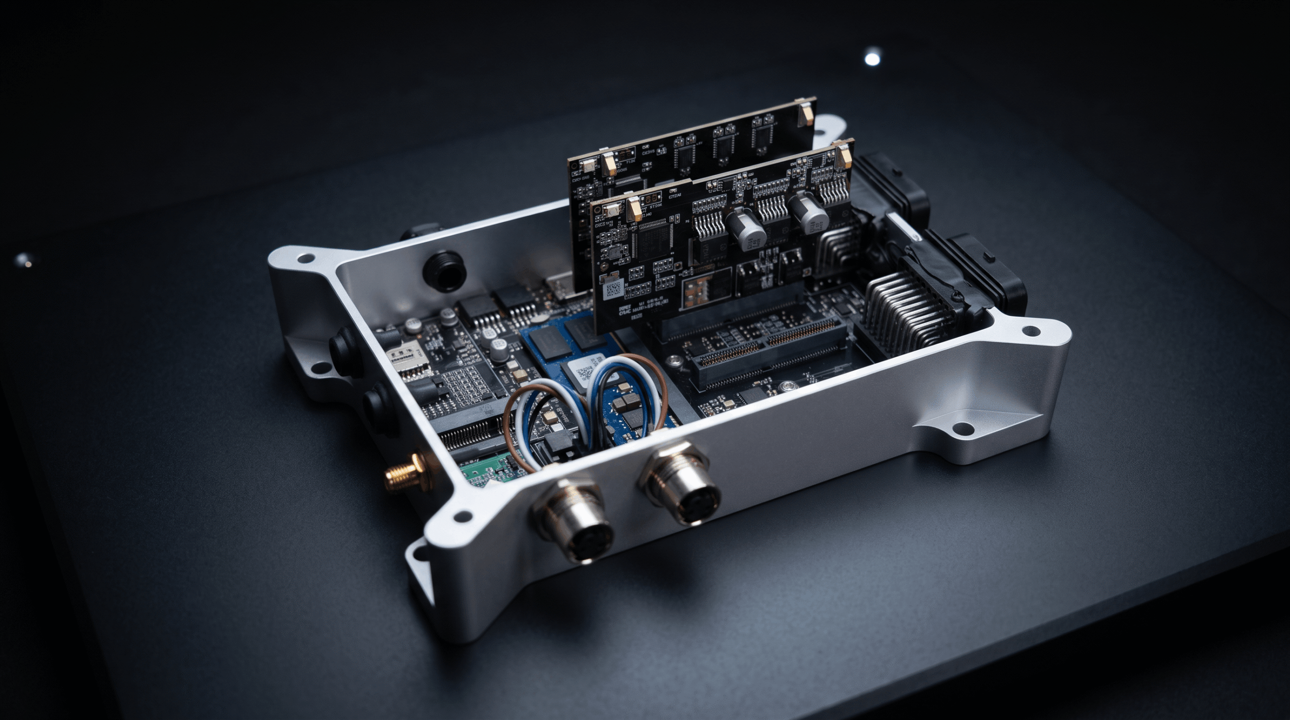 GOcontroll Moduline M1 controller, opened, with plug-in I/O modules in its aluminium housing