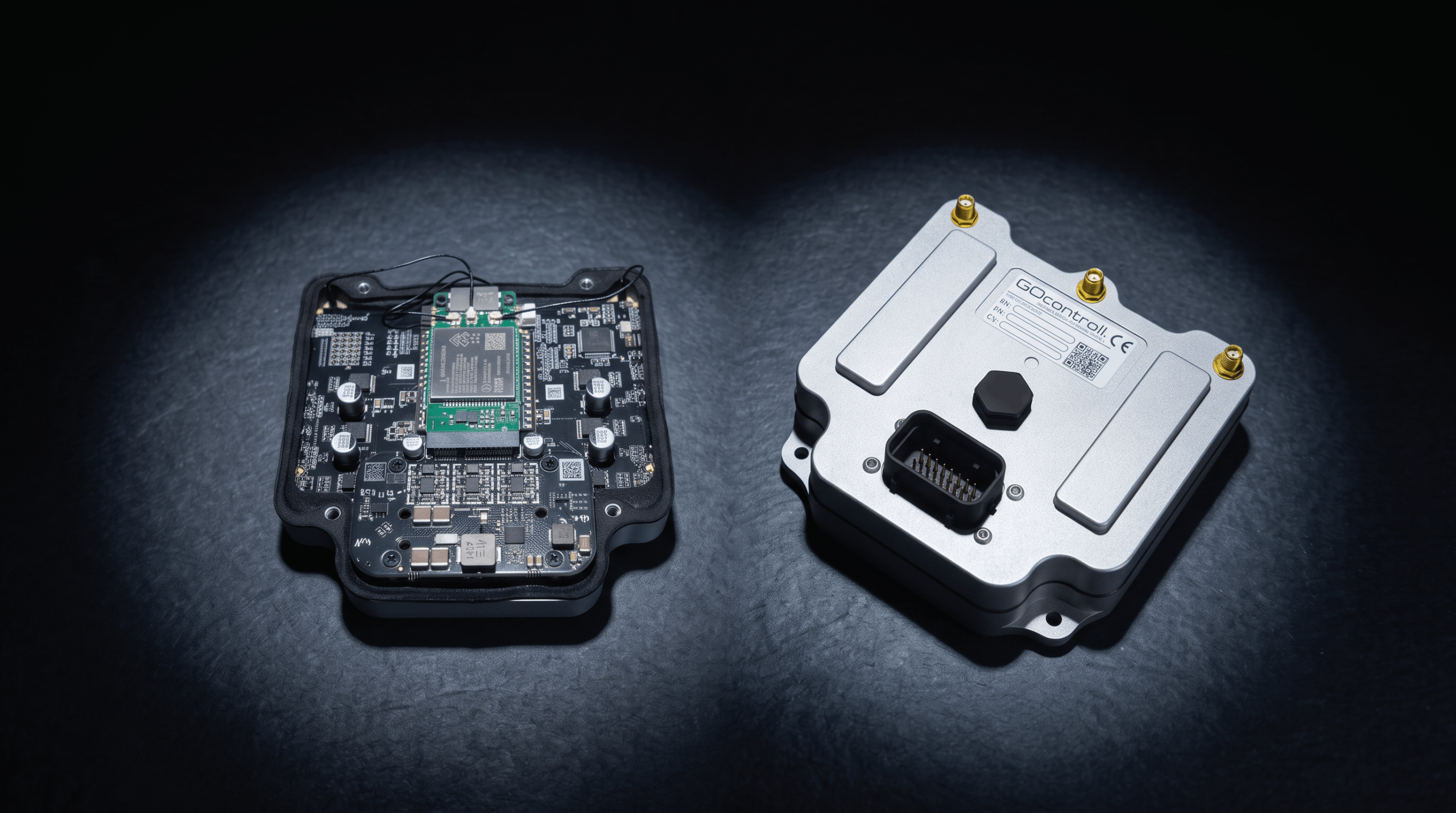 GOcontroll Moduline S1 controller, shown open with its circuit board and closed in its aluminium housing