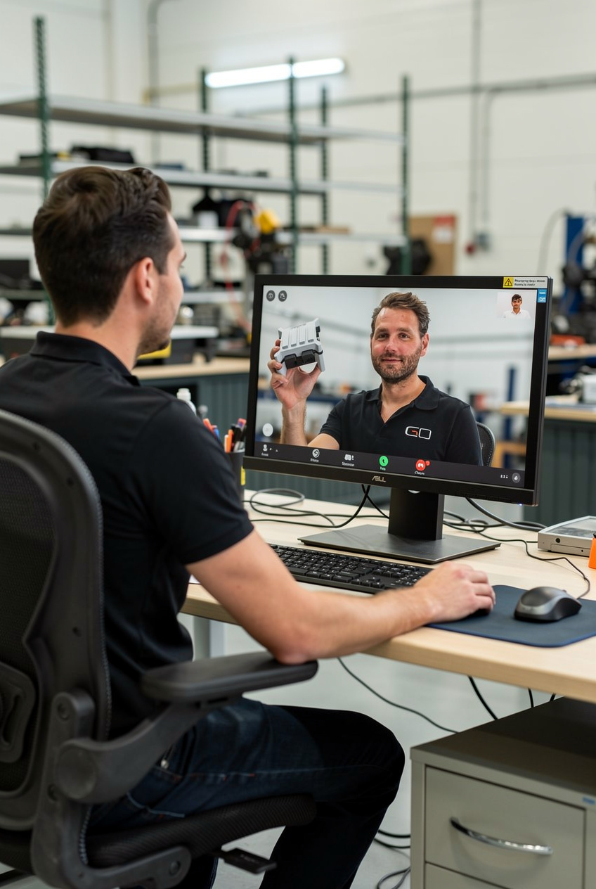 Engineer in a video call with a GOcontroll specialist who shows a Moduline controller during a technical fit check