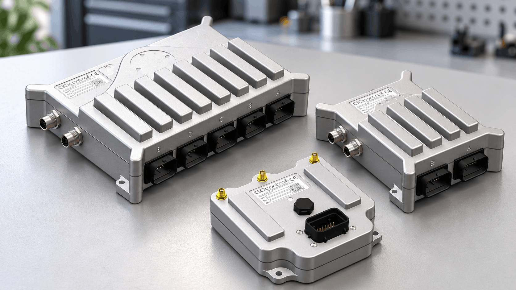 Three GOcontroll Moduline controllers of different sizes on a workbench