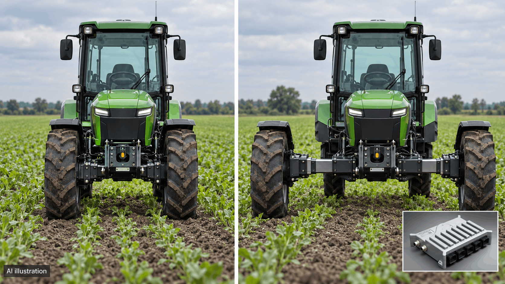 AI illustration of an electric tractor in a field with narrow and wide track width, with a Moduline controller inset