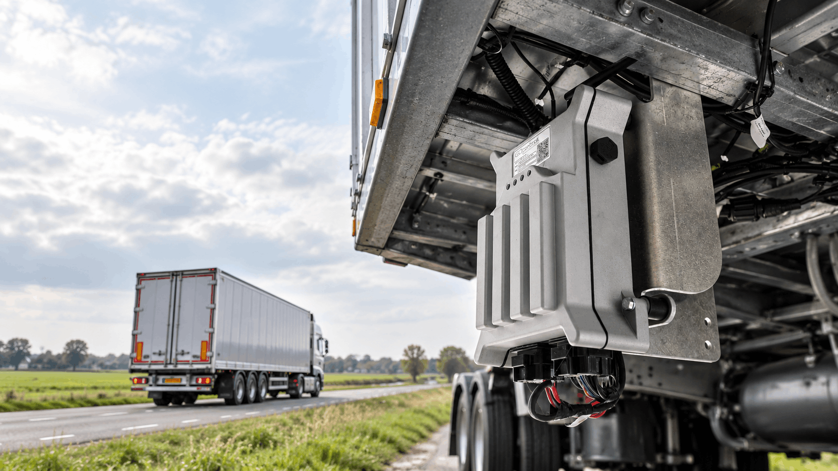 GOcontroll Moduline controller mounted under a trailer, with a truck driving on a country road in the background