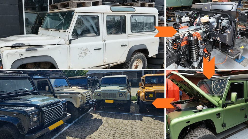Steps from a classic Land Rover Defender to a fully electric Defender