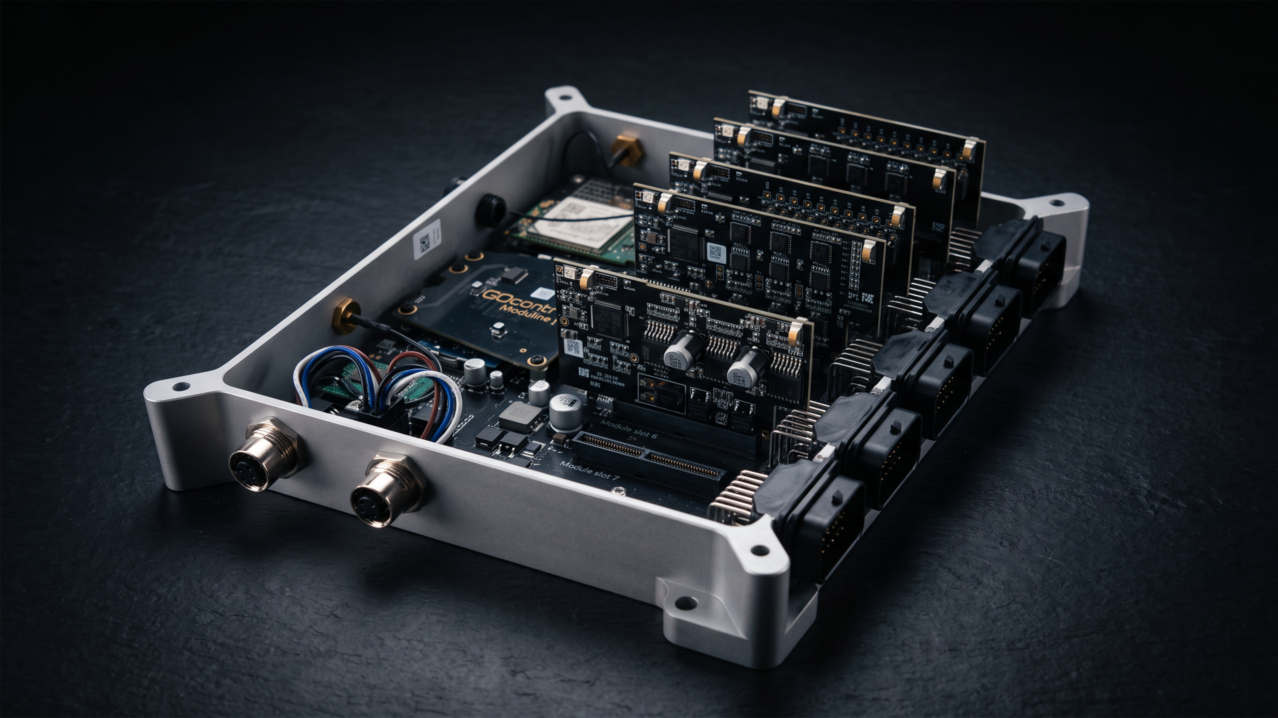 AI illustration of a test bench with a solenoid valve, a DC gearmotor and wiring harnesses.